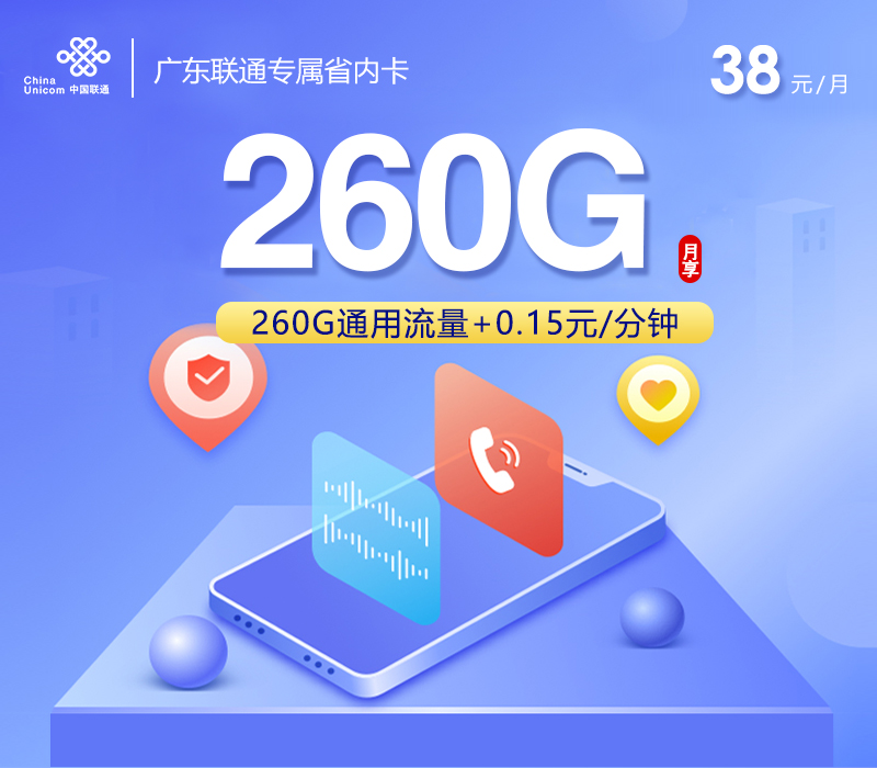 广东联通专属省内卡【38元260G】