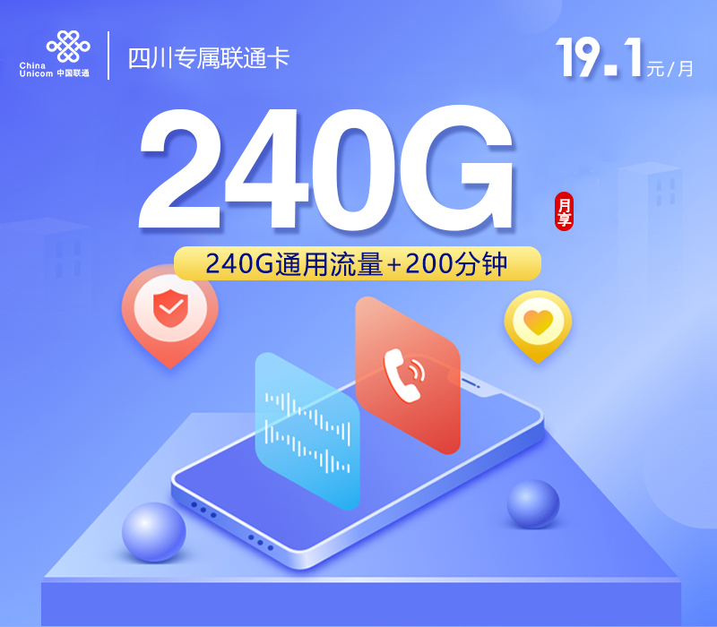 四川专属联通卡【19.1元240G+200分钟】